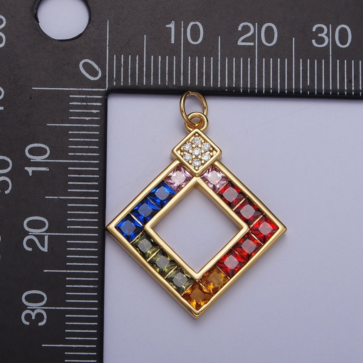 Gold Rhombus Multicolor CZ Clear Micro Paved Geometric Charm AG-124 - DLUXCA