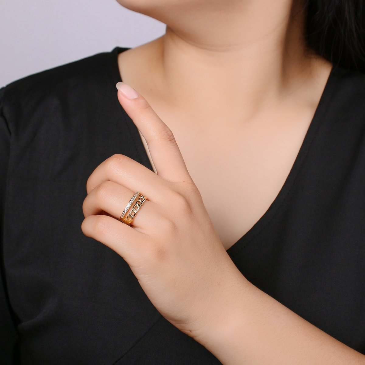 Gold Ring, Adjustable Gold Curb Ring, Micro Pave Gold Band Ring, Shiny Double Band Ring for Statement Jewelry O-286 - DLUXCA