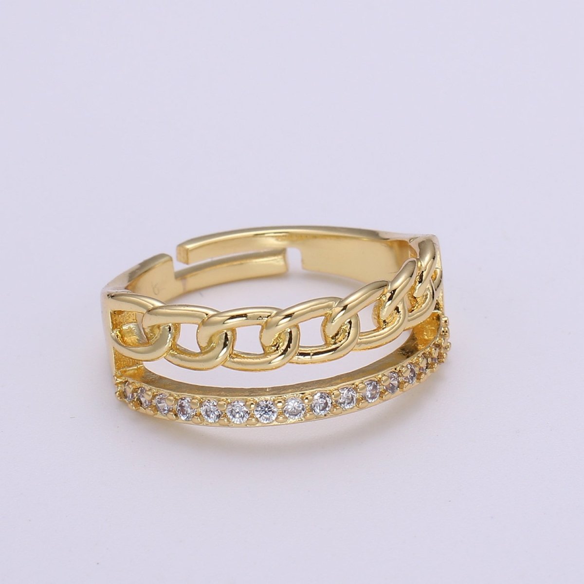 Gold Ring, Adjustable Gold Curb Ring, Micro Pave Gold Band Ring, Shiny Double Band Ring for Statement Jewelry O-286 - DLUXCA