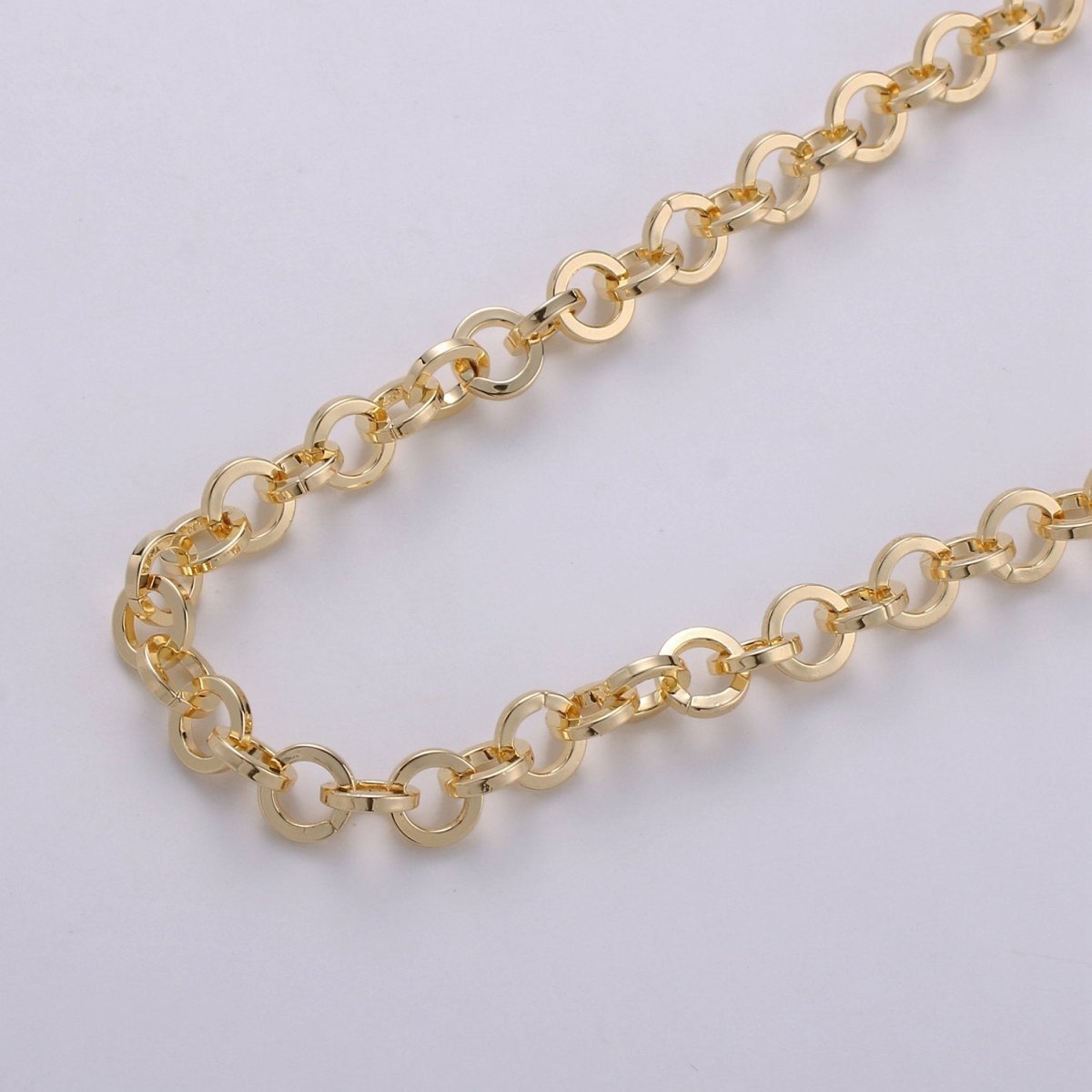 Gold Rolo Chain, 7mm Width, 16K Gold Filled Thin Flat Minimalist Jewelry, For Necklace Anklet Bracelet Supply Component | ROLL-273 Clearance Pricing - DLUXCA