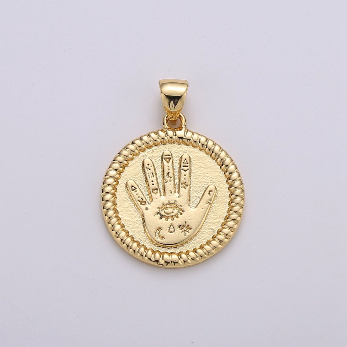 Gold Round Hamsa Hand Coin Medallion Pendant Charm - 14k Gold Filled Amulet Round Circle Pendant, Protection Evil Eye I-738 - DLUXCA
