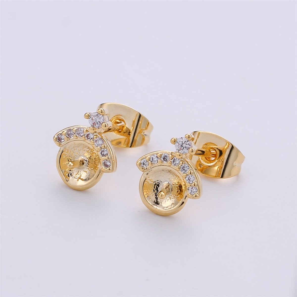 Gold Round Studs with Beads DIY Pearl Earring Settings, Half Drilled Pearl Earring Hook Mountings K-417 - DLUXCA