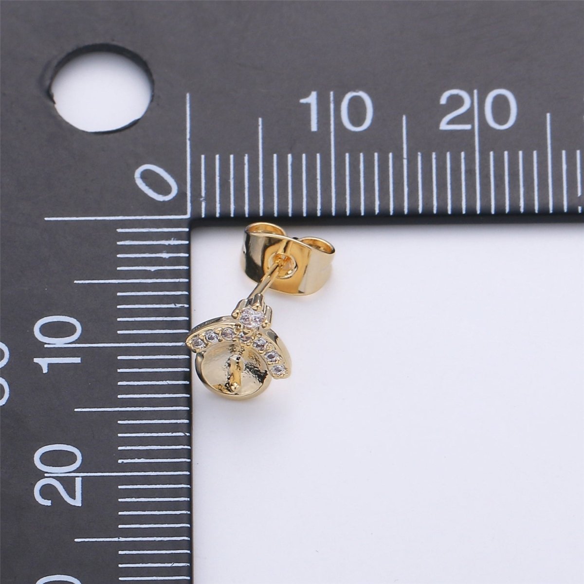 Gold Round Studs with Beads DIY Pearl Earring Settings, Half Drilled Pearl Earring Hook Mountings K-417 - DLUXCA