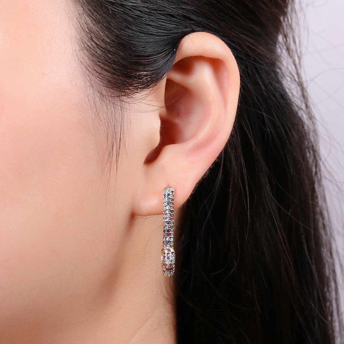 Gold Safety pin earrings- sparkly safety pins/ needle earrings/ Micro pave safety pin drop earrings Rainbow Colorful Safety Pin Earring, K-446 - DLUXCA