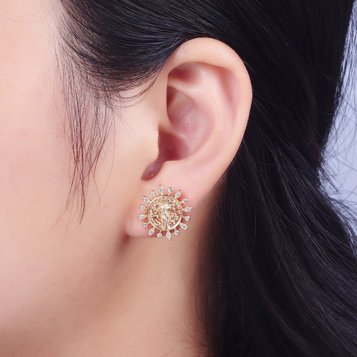 Gold Saint Jude Stud Earring Sun Medallion San Judas Earring Catholic Religious Jewelry Gift AE-1046 - DLUXCA
