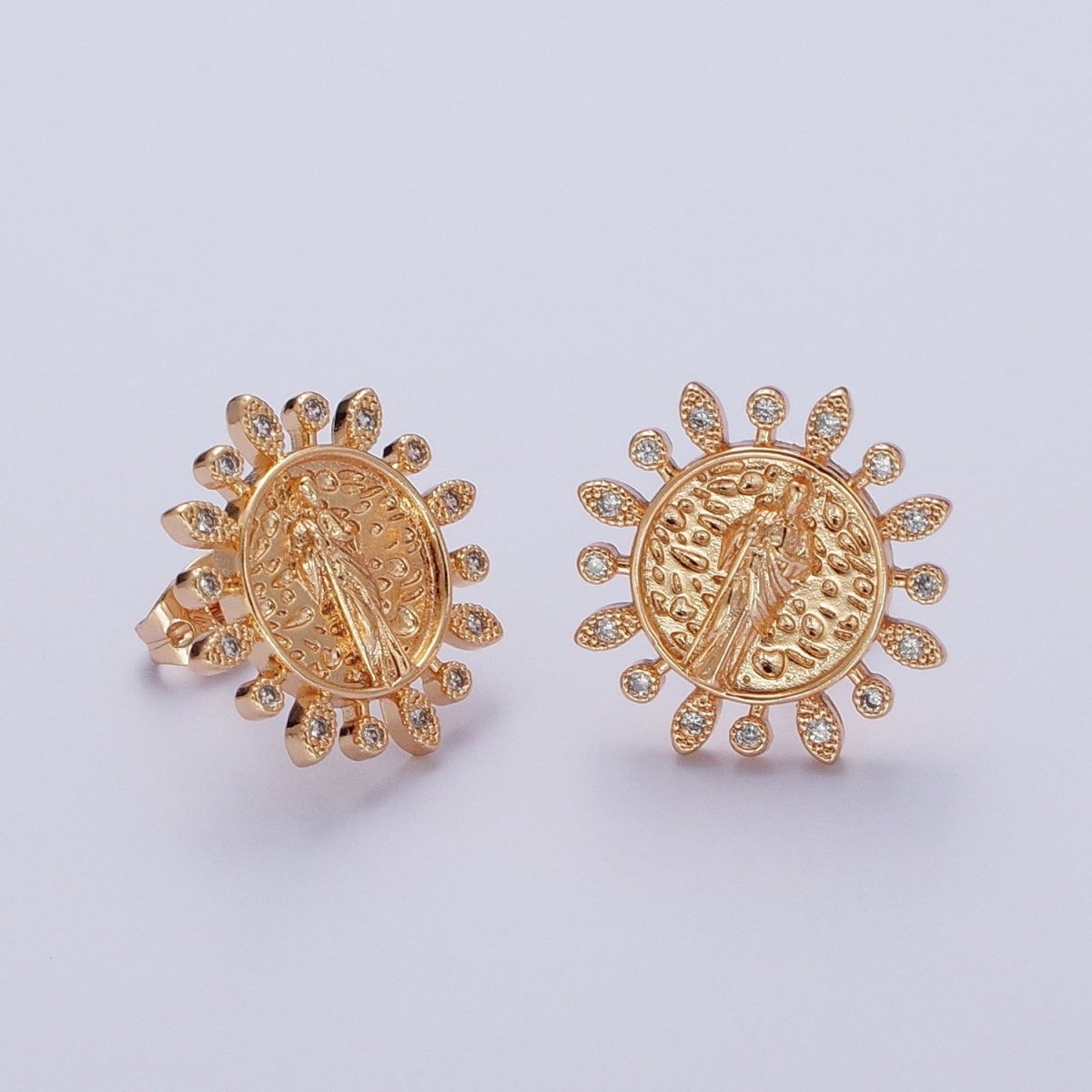 Gold Saint Jude Stud Earring Sun Medallion San Judas Earring Catholic Religious Jewelry Gift AE-1046 - DLUXCA