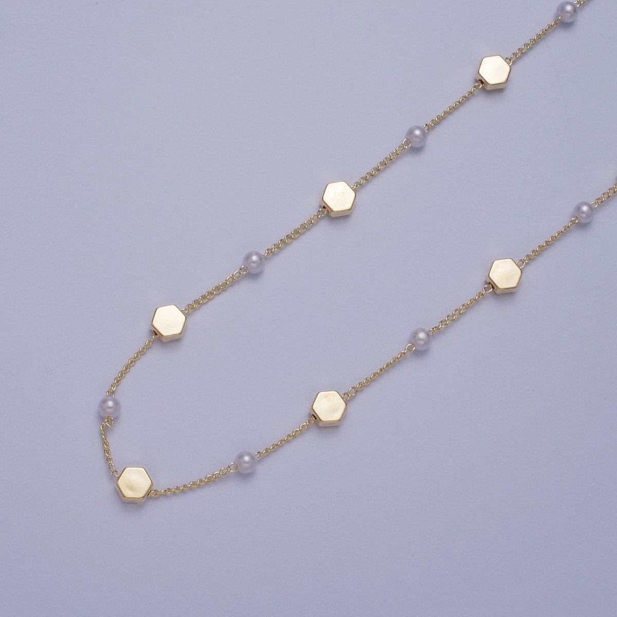 Gold Satellite Pearl & Hexagonal Bead Chain Wholesale by Yard For DIY Jewelry Making Component | ROLL-842 Clearance Pricing - DLUXCA