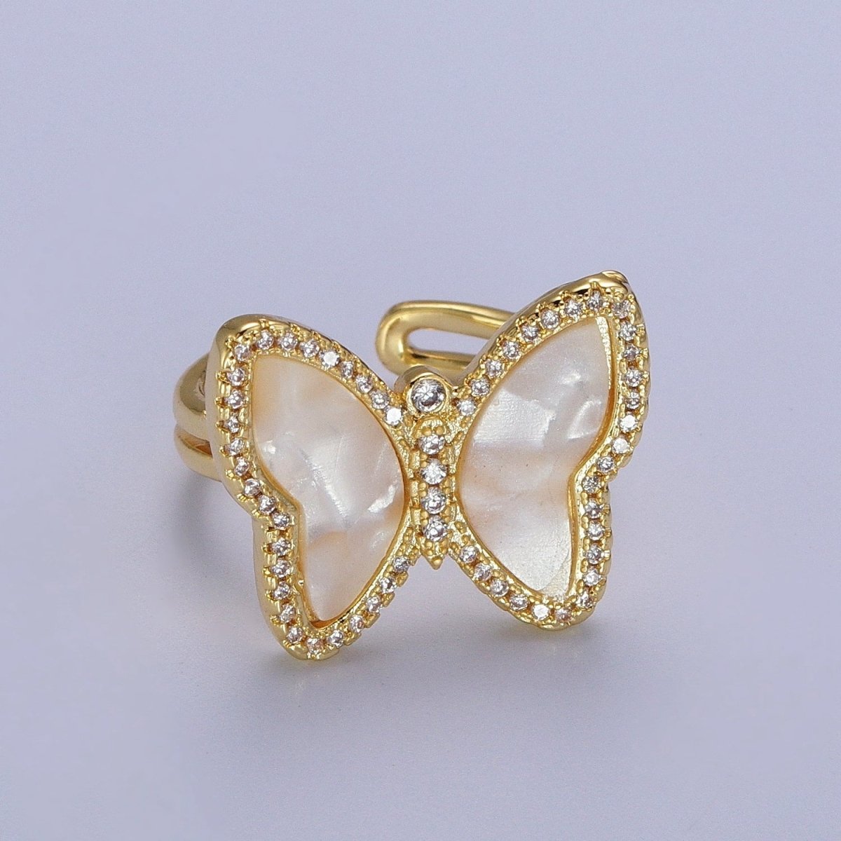 Gold Shell Pearl Butterfly Mariposa Micro Paved CZ Adjustable Double Band Ring | Y-443 - DLUXCA