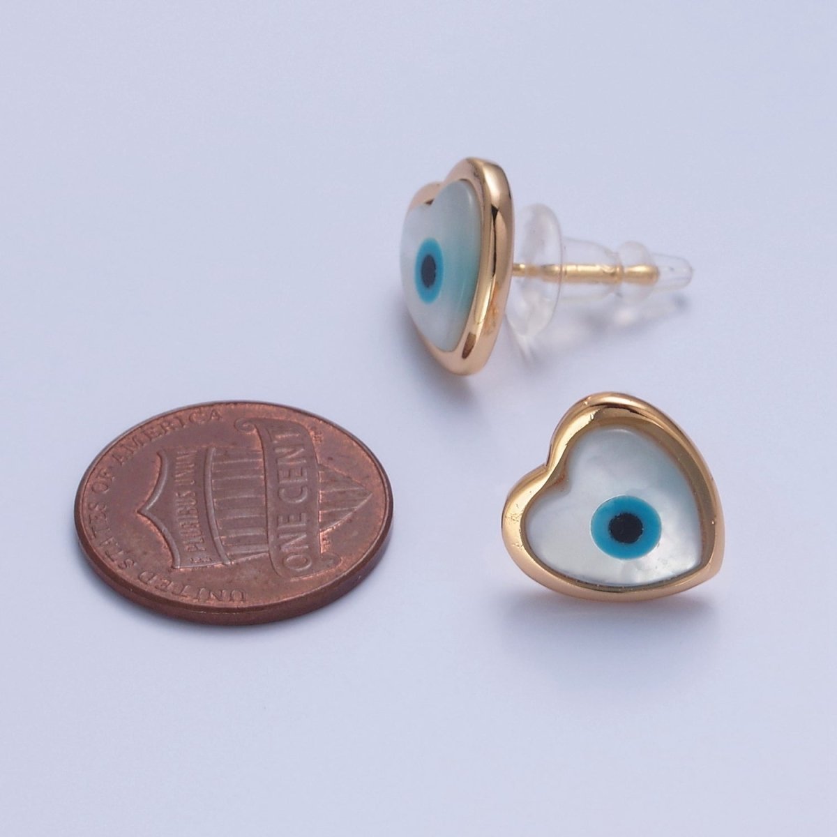 Gold Shell Pearl Heart Evil Eye Stud Earring T-464 - DLUXCA