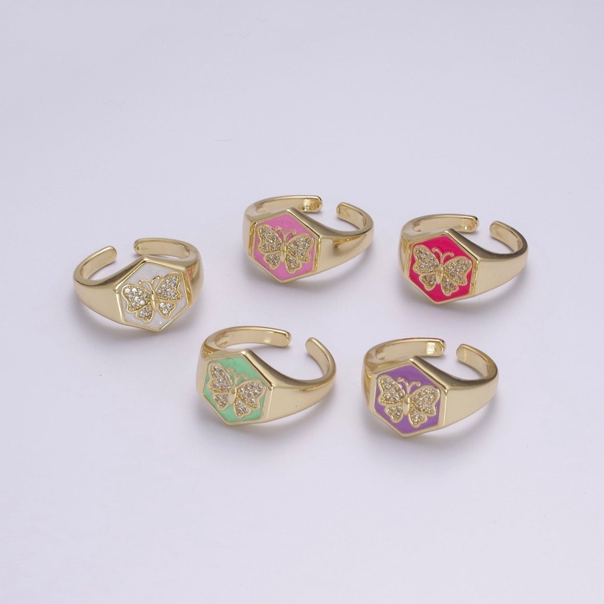 Gold signet ring, Butterfly signet ring, Enamel ring gold butterfly ring Stackable Jewelry U-171~U-175 - DLUXCA