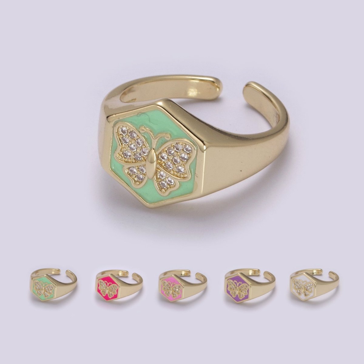 Gold signet ring, Butterfly signet ring, Enamel ring gold butterfly ring Stackable Jewelry U-171~U-175 - DLUXCA