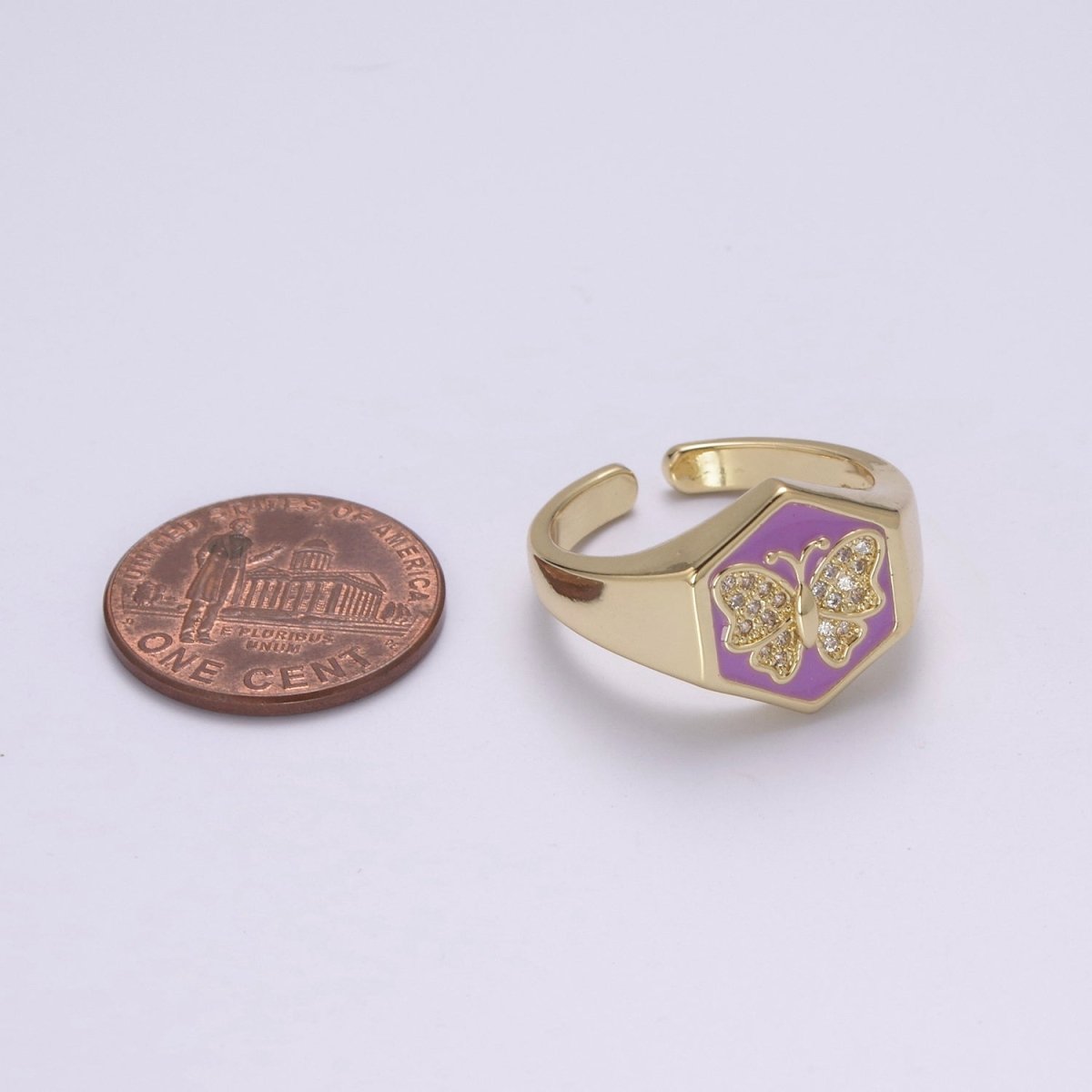 Gold signet ring, Butterfly signet ring, Enamel ring gold butterfly ring Stackable Jewelry U-171~U-175 - DLUXCA