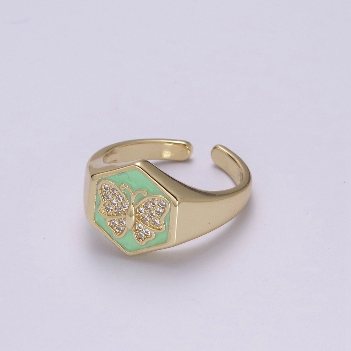 Gold signet ring, Butterfly signet ring, Enamel ring gold butterfly ring Stackable Jewelry U-171~U-175 - DLUXCA