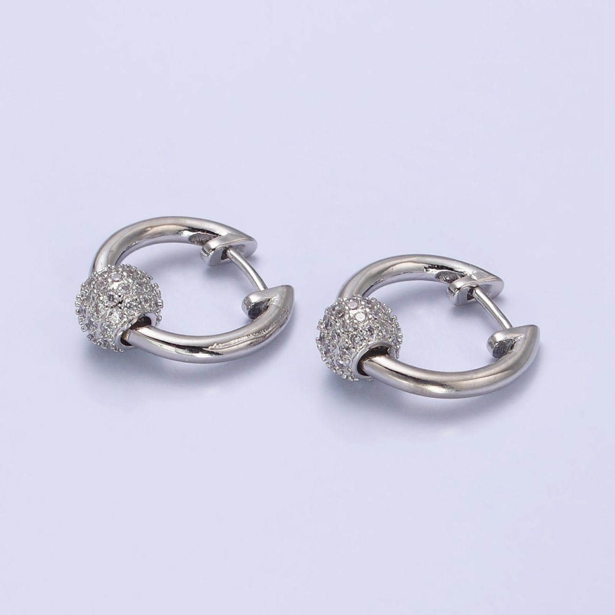 Gold, Silver 16mm Hoop Clear Micro Paved CZ Shambala Bead Earrings | AB398 AB399 - DLUXCA