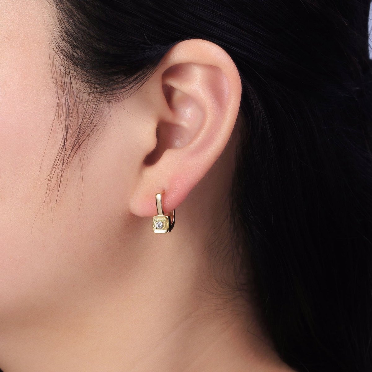 Gold, Silver 16mm U-Shaped Oblong Square CZ Geometric English Lock Earrings | AB778 AB1550 - DLUXCA