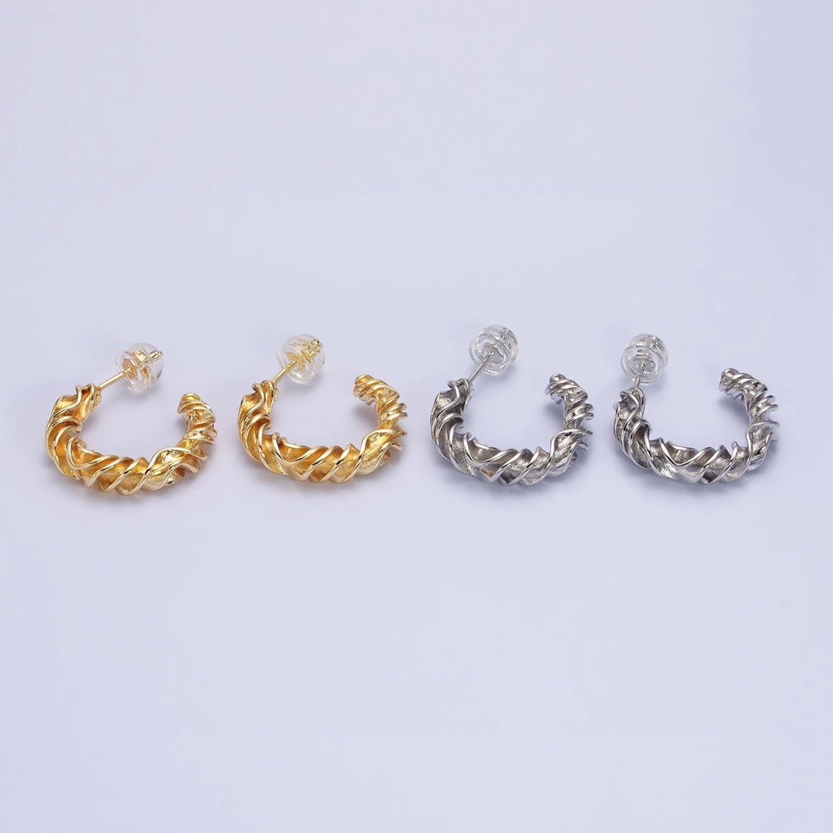 Gold, Silver 20mm Abstract Twist Foil Geometric C-Shaped Hoop Earrings | AB589 AB590 - DLUXCA
