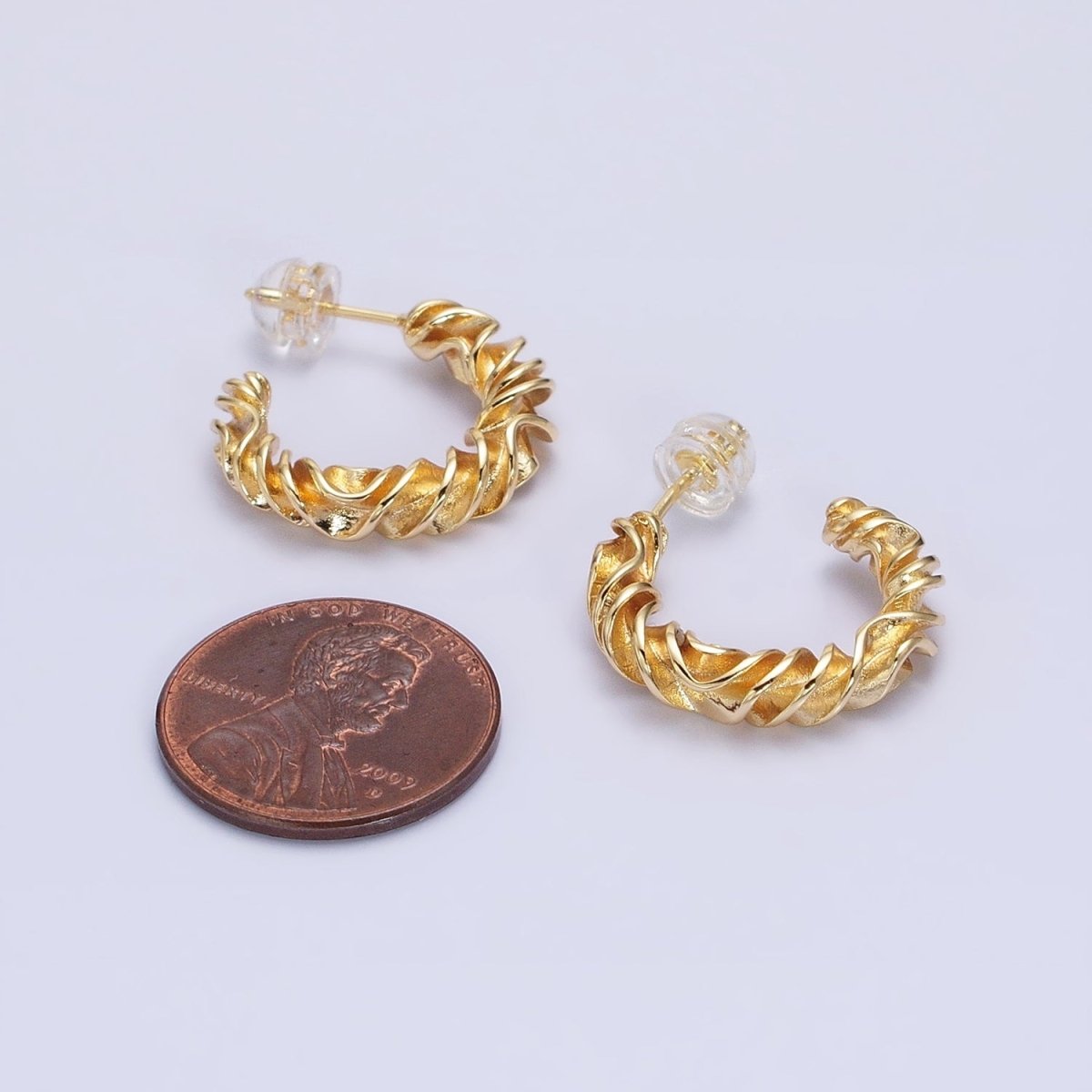 Gold, Silver 20mm Abstract Twist Foil Geometric C-Shaped Hoop Earrings | AB589 AB590 - DLUXCA