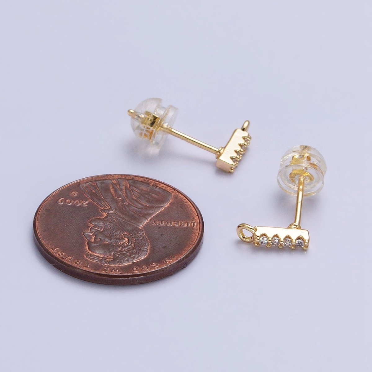 Gold, Silver 2.5mm Micro Paved CZ Mini Bar Open Loop Stud Earrings | Z-241 Z-242 - DLUXCA