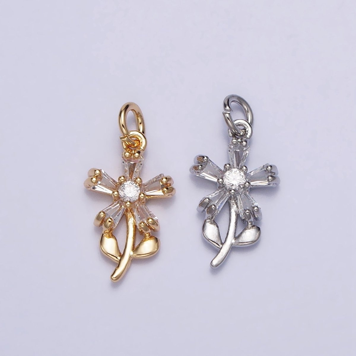 Gold, Silver Baguette CZ Nature Daisy Flower Mini Add-On Charm | AC673 AC674 - DLUXCA