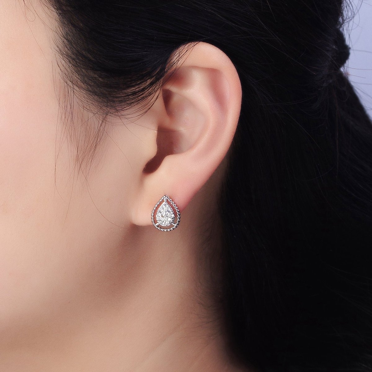 Gold, Silver Beaded Clear, Green, Pink Micro Paved Teardrop CZ Stud Earrings | AB477 AB753 AB754 AB773 - AB775 - DLUXCA