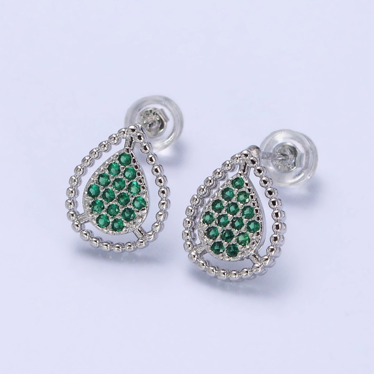 Gold, Silver Beaded Clear, Green, Pink Micro Paved Teardrop CZ Stud Earrings | AB477 AB753 AB754 AB773 - AB775 - DLUXCA
