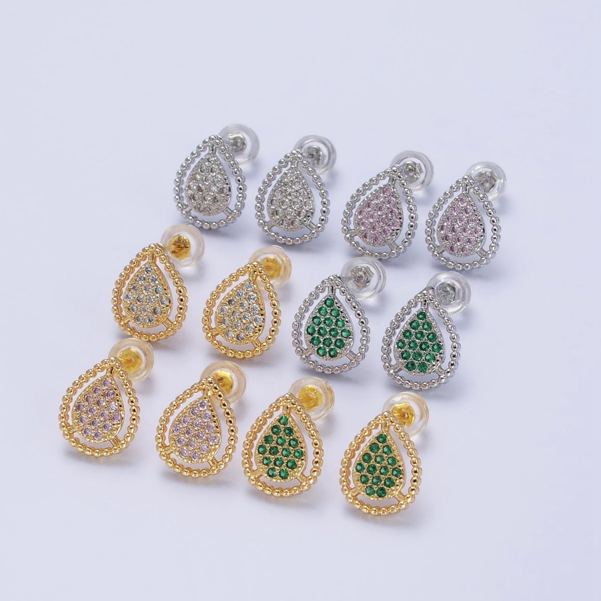 Gold, Silver Beaded Clear, Green, Pink Micro Paved Teardrop CZ Stud Earrings | AB477 AB753 AB754 AB773 - AB775 - DLUXCA