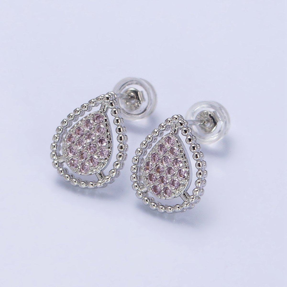 Gold, Silver Beaded Clear, Green, Pink Micro Paved Teardrop CZ Stud Earrings | AB477 AB753 AB754 AB773 - AB775 - DLUXCA