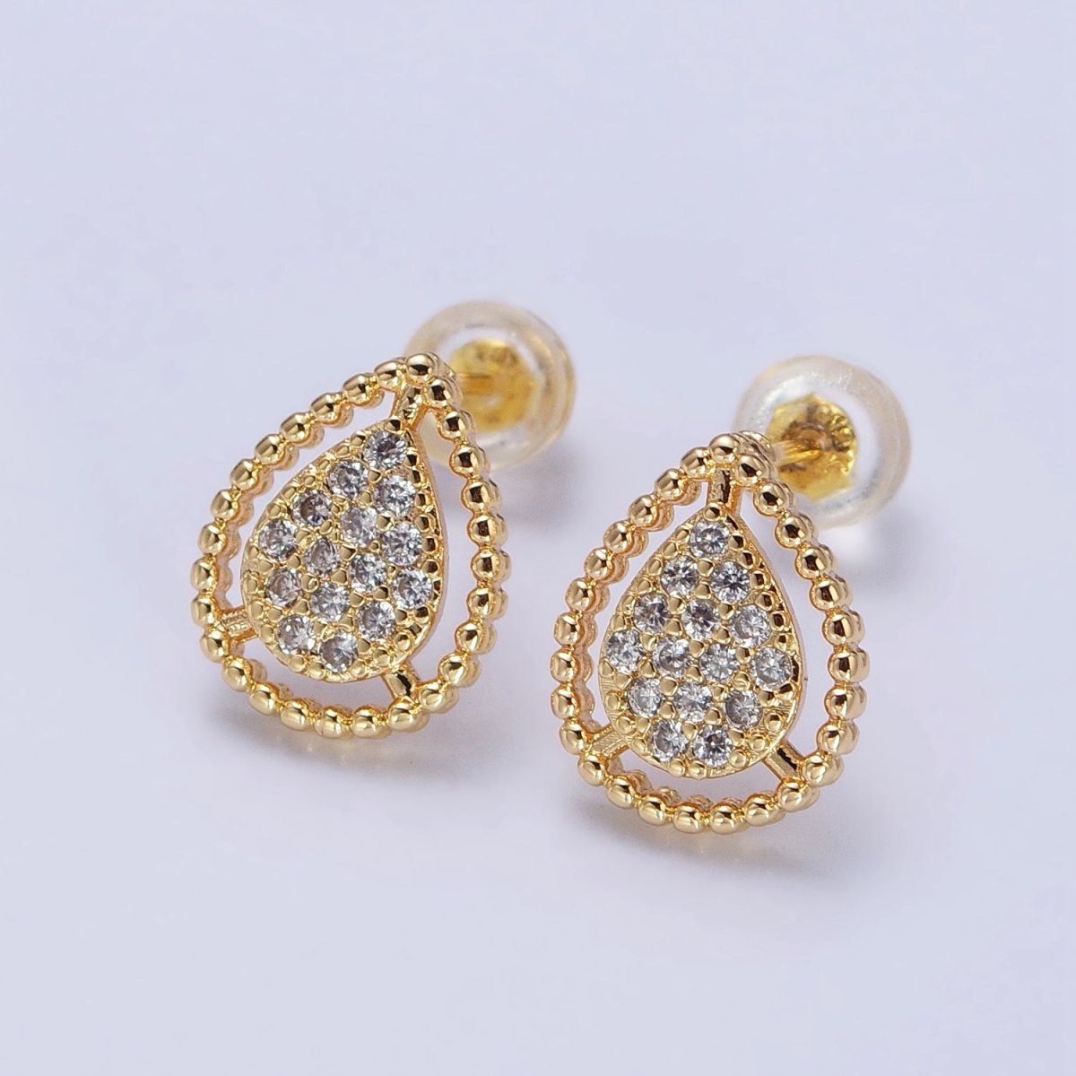 Gold, Silver Beaded Clear, Green, Pink Micro Paved Teardrop CZ Stud Earrings | AB477 AB753 AB754 AB773 - AB775 - DLUXCA
