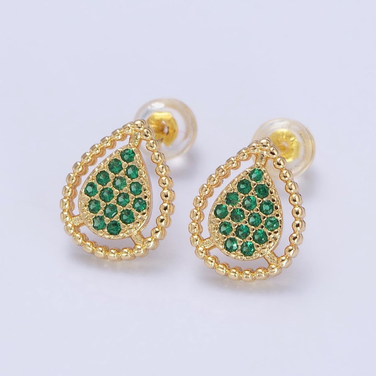 Gold, Silver Beaded Clear, Green, Pink Micro Paved Teardrop CZ Stud Earrings | AB477 AB753 AB754 AB773 - AB775 - DLUXCA