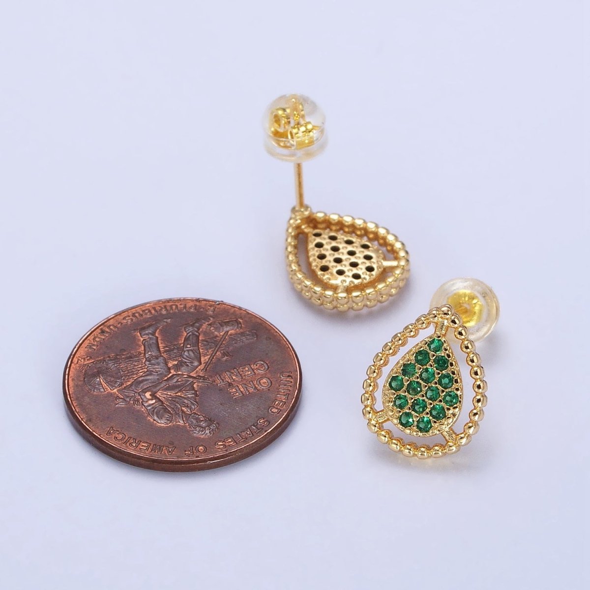 Gold, Silver Beaded Clear, Green, Pink Micro Paved Teardrop CZ Stud Earrings | AB477 AB753 AB754 AB773 - AB775 - DLUXCA