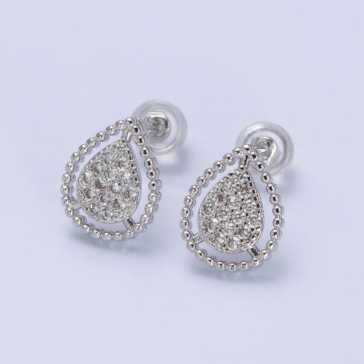 Gold, Silver Beaded Clear, Green, Pink Micro Paved Teardrop CZ Stud Earrings | AB477 AB753 AB754 AB773 - AB775 - DLUXCA