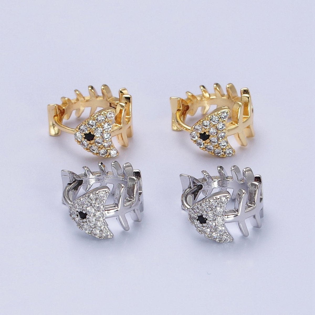 Gold, Silver Black-Eyed Ocean Fish Bone Micro Paved CZ 13mm Huggie Earrings | AB457 AB461 - DLUXCA