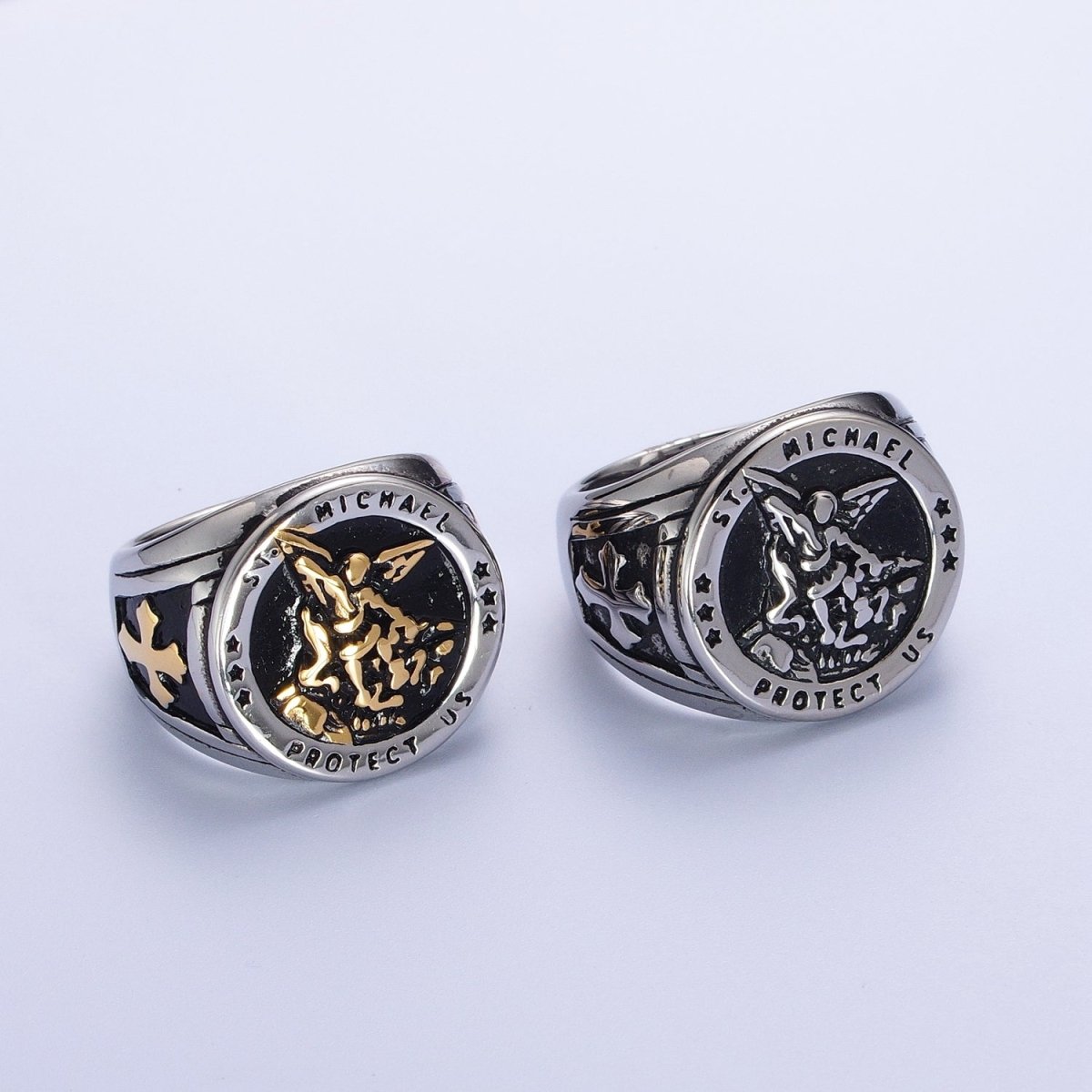 Gold, Silver, Bronze, Mixed Metal Stainless Steel Saint St. Michael Protection Signet Ring S-014 S-015 S-016 S-017 S-332 S-333 O-2017 O-2018 - DLUXCA