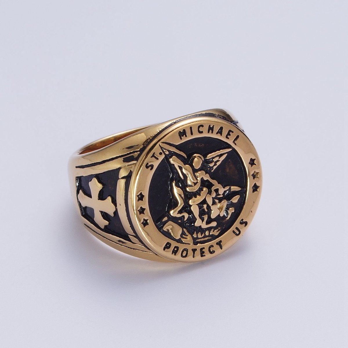 Gold, Silver, Bronze, Mixed Metal Stainless Steel Saint St. Michael Protection Signet Ring S-014 S-015 S-016 S-017 S-332 S-333 O-2017 O-2018 - DLUXCA