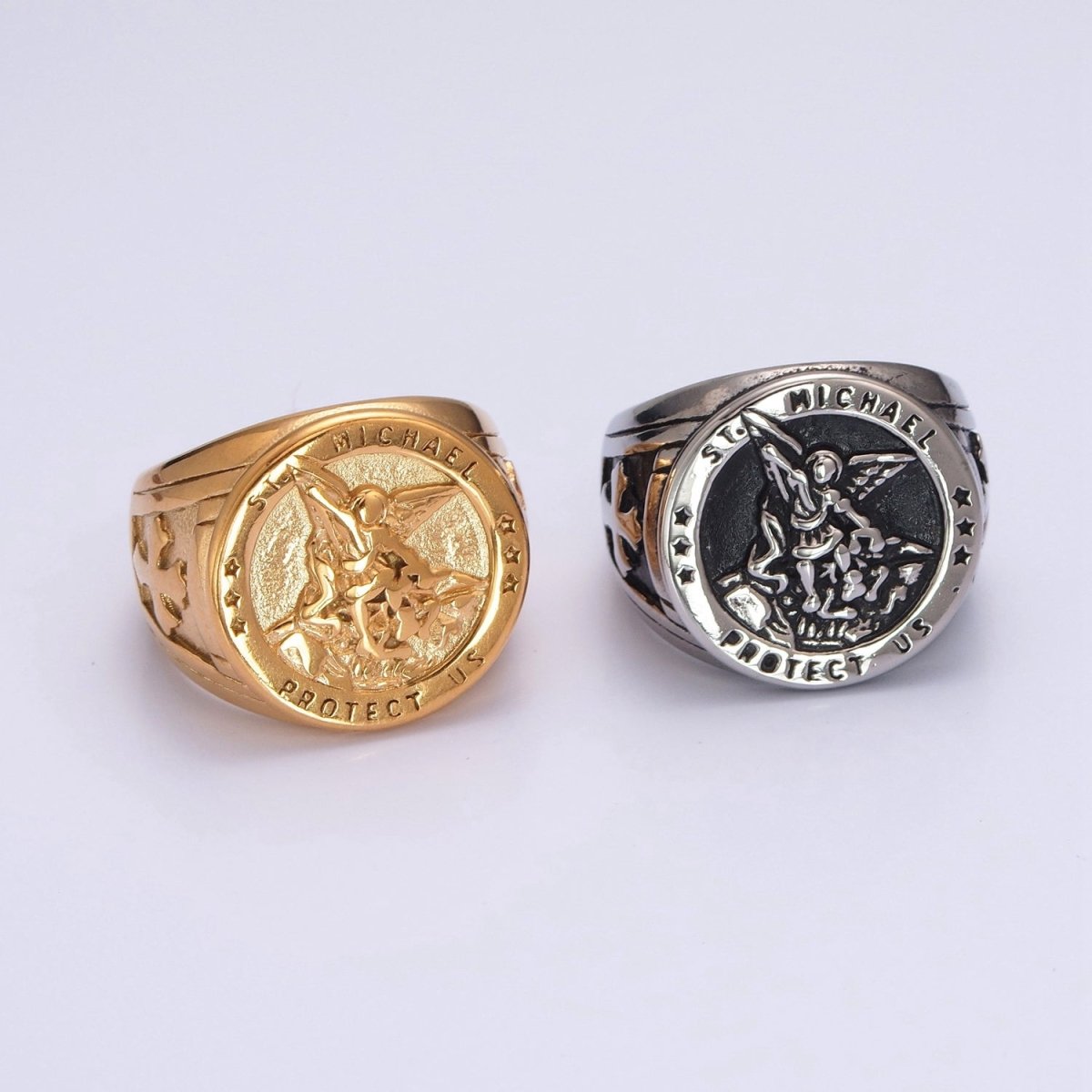 Gold, Silver, Bronze, Mixed Metal Stainless Steel Saint St. Michael Protection Signet Ring S-014 S-015 S-016 S-017 S-332 S-333 O-2017 O-2018 - DLUXCA