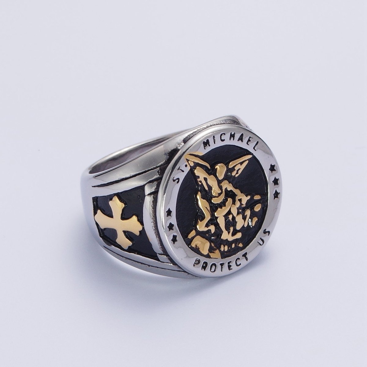Gold, Silver, Bronze, Mixed Metal Stainless Steel Saint St. Michael Protection Signet Ring S-014 S-015 S-016 S-017 S-332 S-333 O-2017 O-2018 - DLUXCA