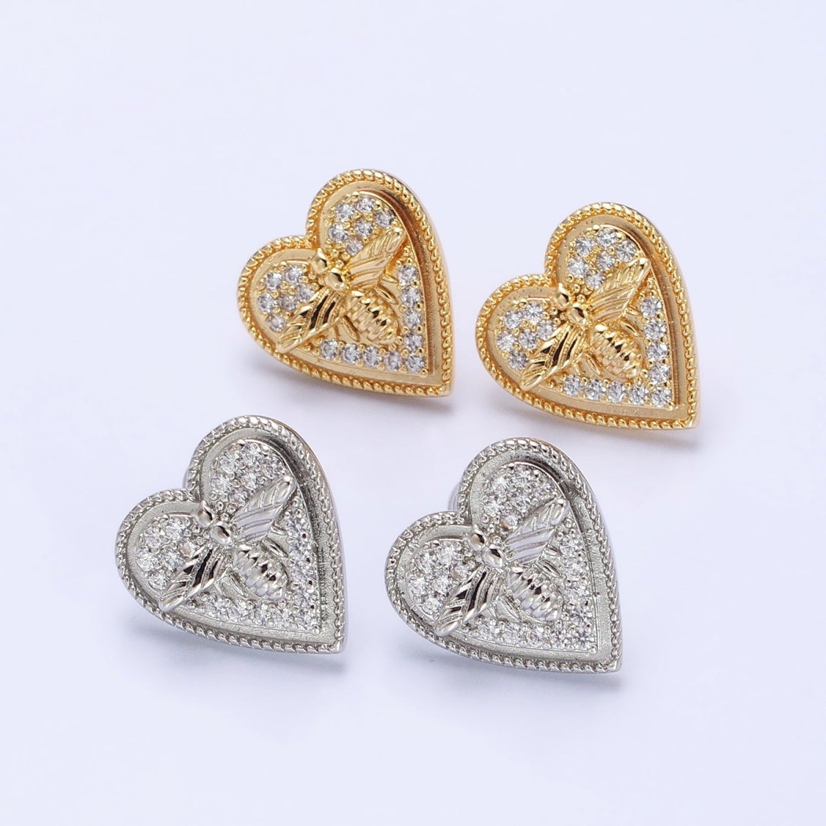 Gold, Silver Bumble Queen Bee Micro Paved CZ Heart Stud Earrings | AB459 AB489 - DLUXCA