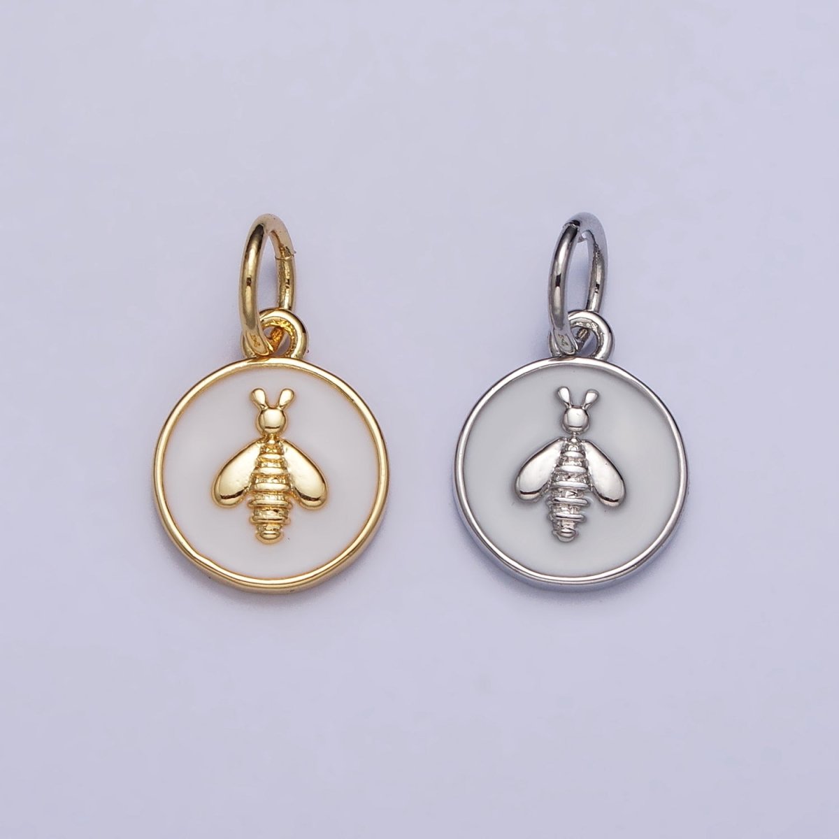 Gold, Silver Bumble Queen Bee White Enamel Round Charm | AC990 AC991 - DLUXCA