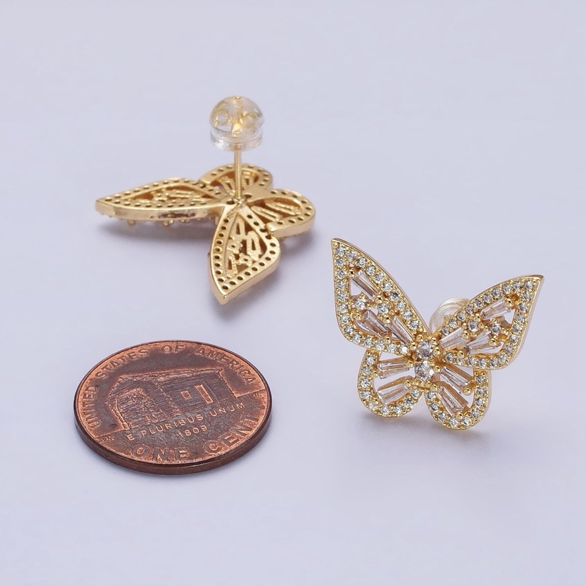 Gold, Silver Butterfly Mariposa Open Baguette Micro Paved CZ Wings Stud Earrings | AB-673 Y-893 - DLUXCA