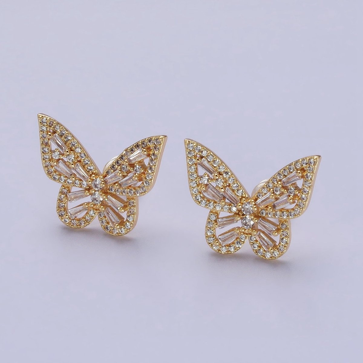 Gold, Silver Butterfly Mariposa Open Baguette Micro Paved CZ Wings Stud Earrings | AB-673 Y-893 - DLUXCA