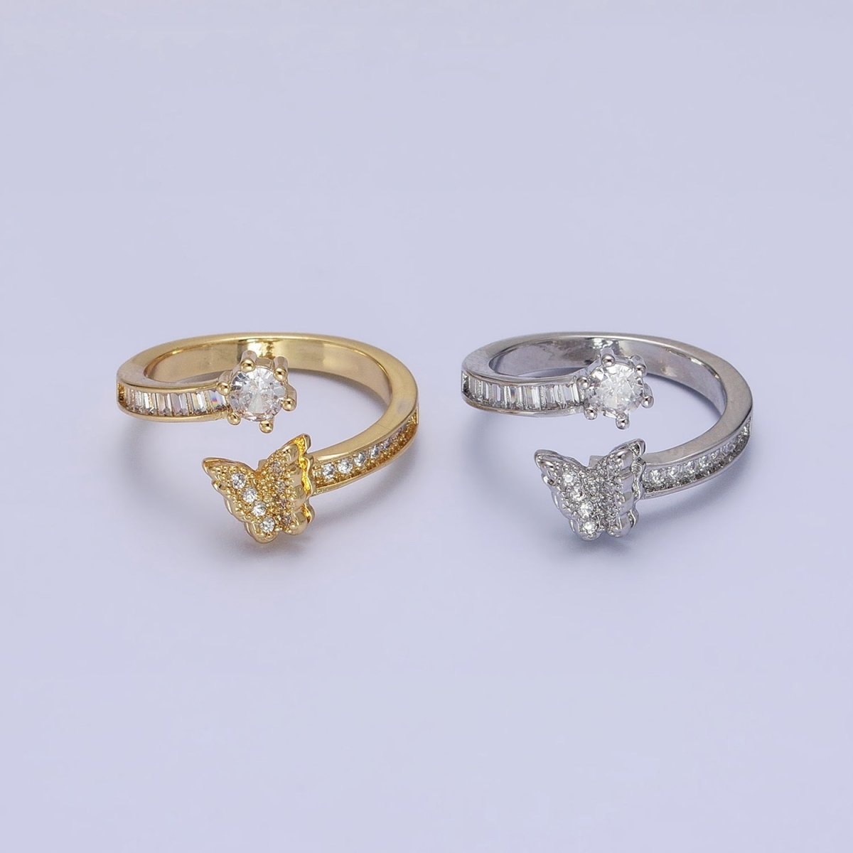 Gold, Silver Butterfly Round Clear CZ Baguette Open Ring | O-1511 O-1512 - DLUXCA