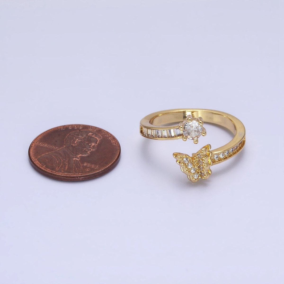 Gold, Silver Butterfly Round Clear CZ Baguette Open Ring | O-1511 O-1512 - DLUXCA