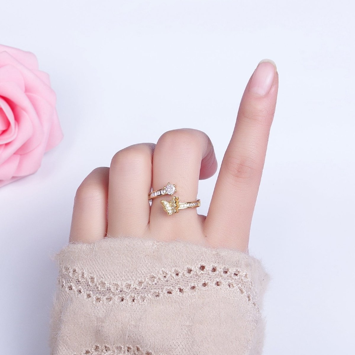 Gold, Silver Butterfly Round Clear CZ Baguette Open Ring | O-1511 O-1512 - DLUXCA