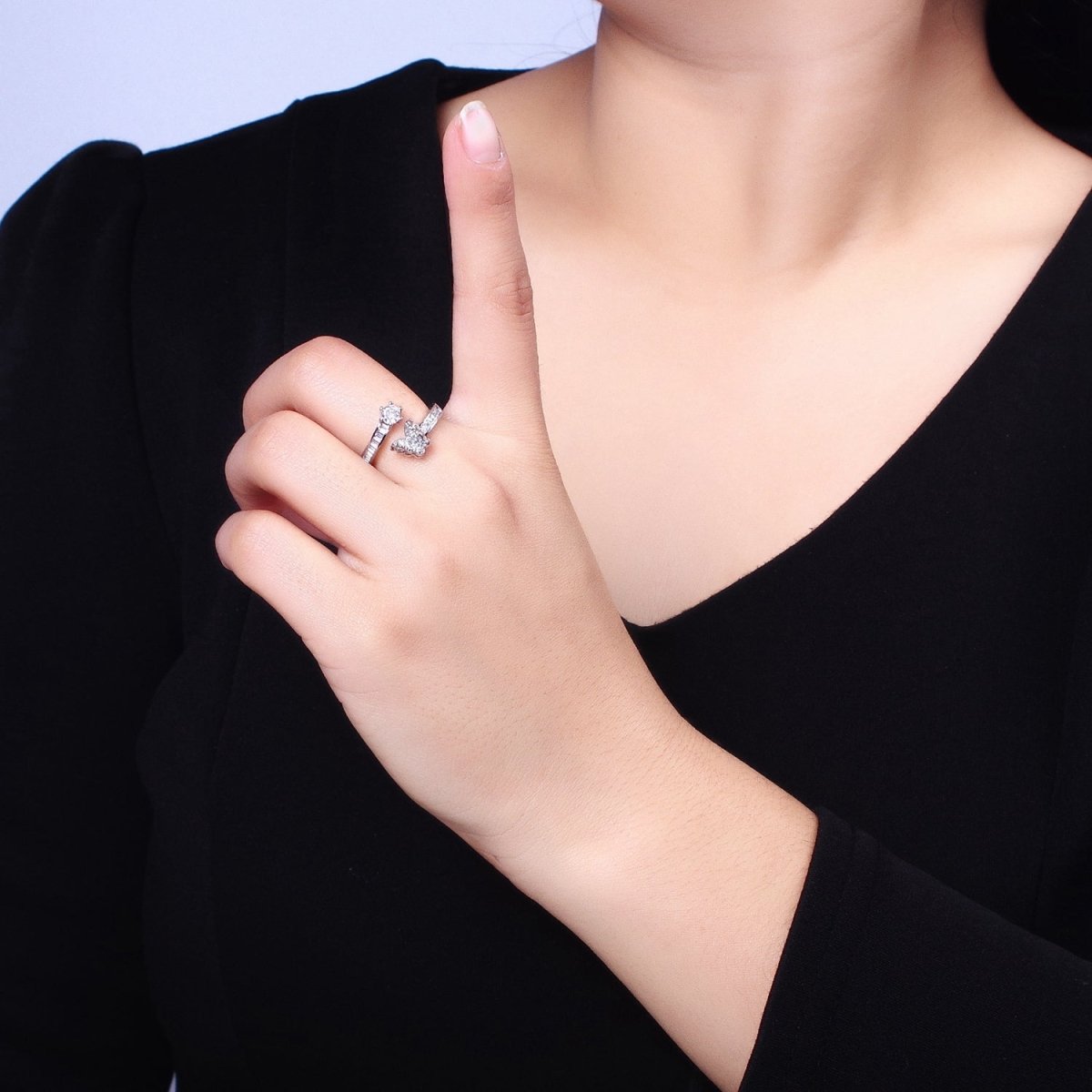 Gold, Silver Butterfly Round Clear CZ Baguette Open Ring | O-1511 O-1512 - DLUXCA