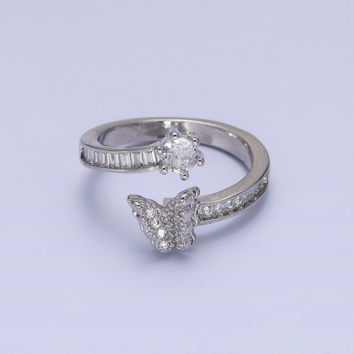 Gold, Silver Butterfly Round Clear CZ Baguette Open Ring | O-1511 O-1512 - DLUXCA