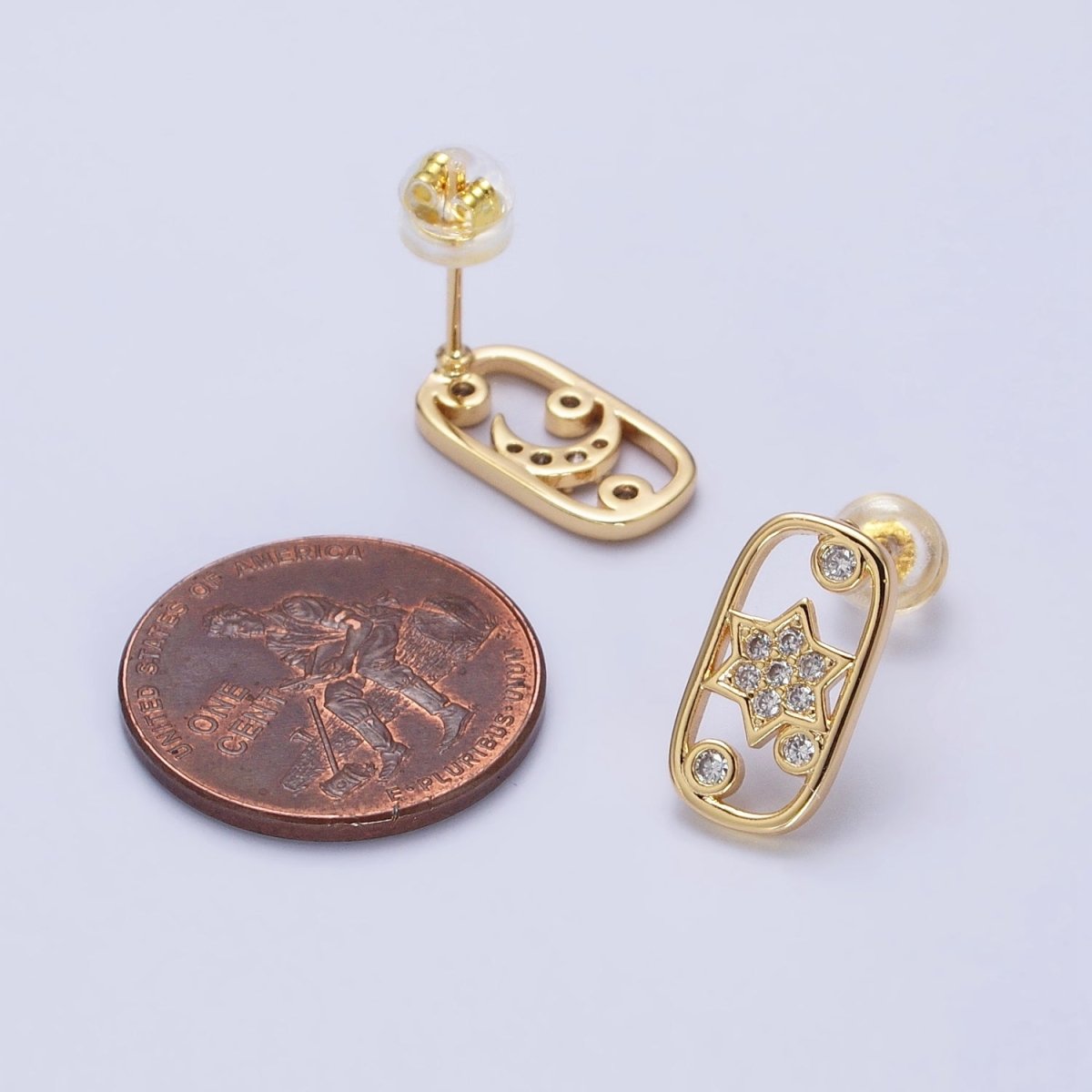 Gold, Silver Celestial Crescent Moon Star Rectangular Open Stud Earrings Mismatched Earrings | AB564 AB567 - DLUXCA