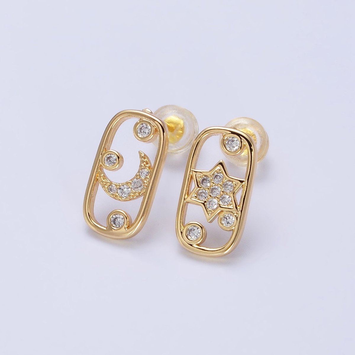 Gold, Silver Celestial Crescent Moon Star Rectangular Open Stud Earrings Mismatched Earrings | AB564 AB567 - DLUXCA