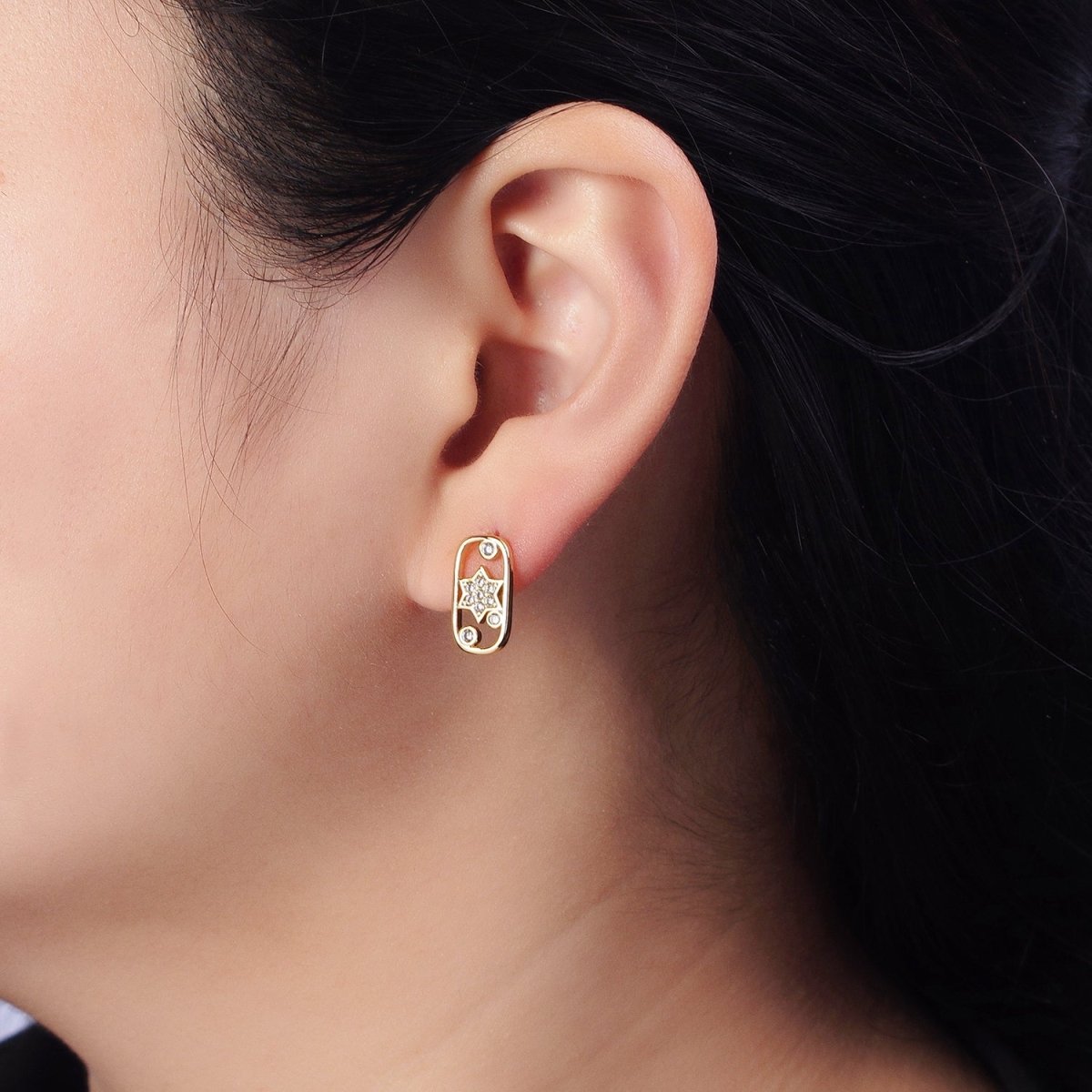 Gold, Silver Celestial Crescent Moon Star Rectangular Open Stud Earrings Mismatched Earrings | AB564 AB567 - DLUXCA