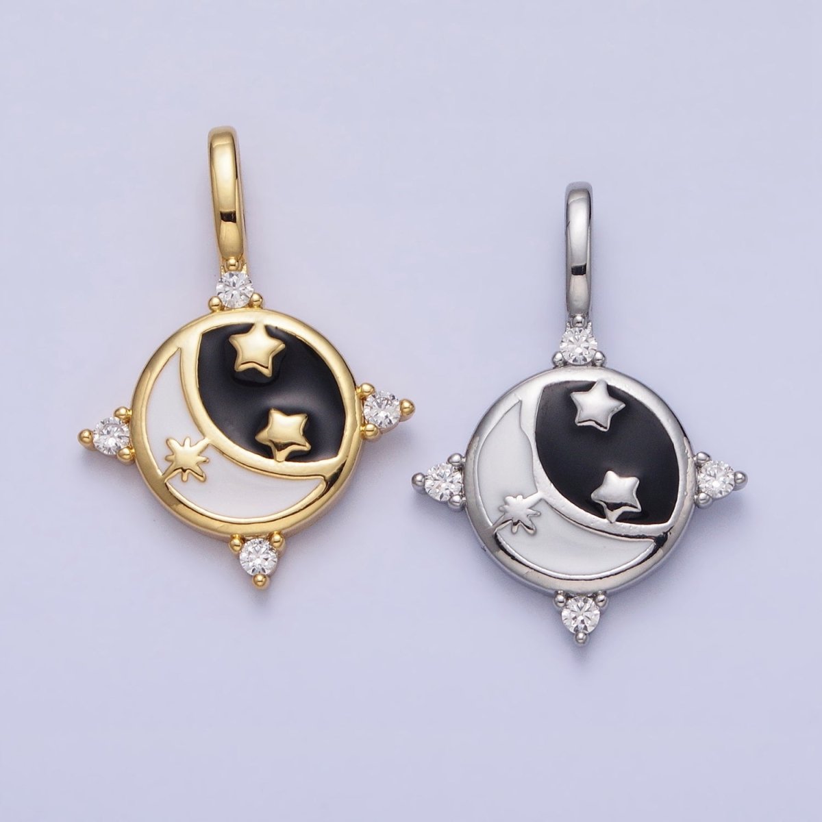 Gold, Silver Celestial Crescent Moon Stars Black & White Enamel Round Pendant | AA168, AA169 - DLUXCA