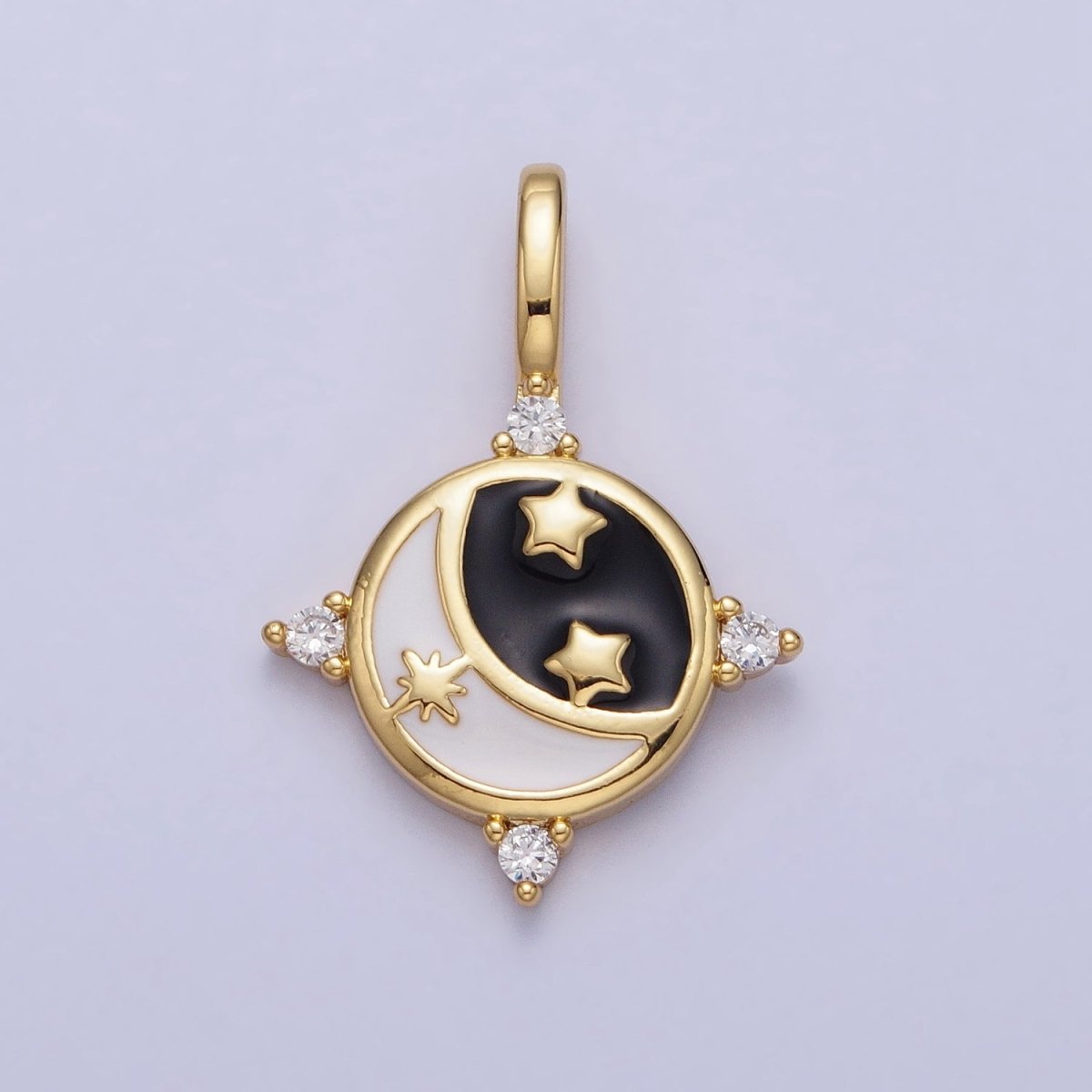 Gold, Silver Celestial Crescent Moon Stars Black & White Enamel Round Pendant | AA168, AA169 - DLUXCA